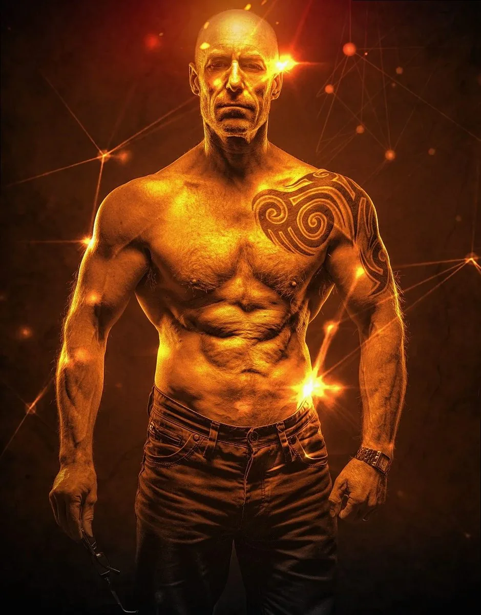 Stylised portrait of a lifter lit with warm light effects